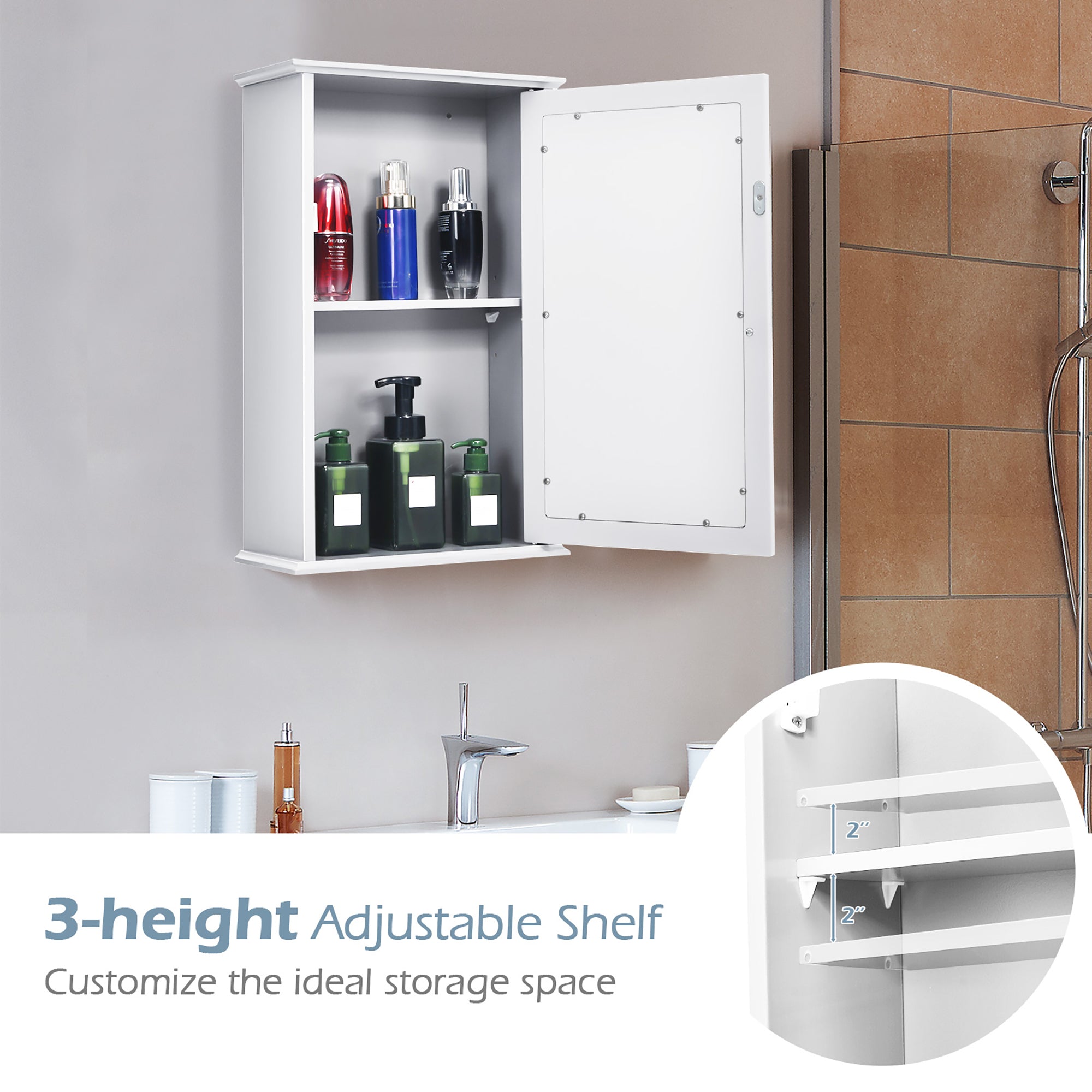 Costway Bathroom Wall Medicine Cabinet Single Mirror Door Cupboard Storage Wood Shelf White