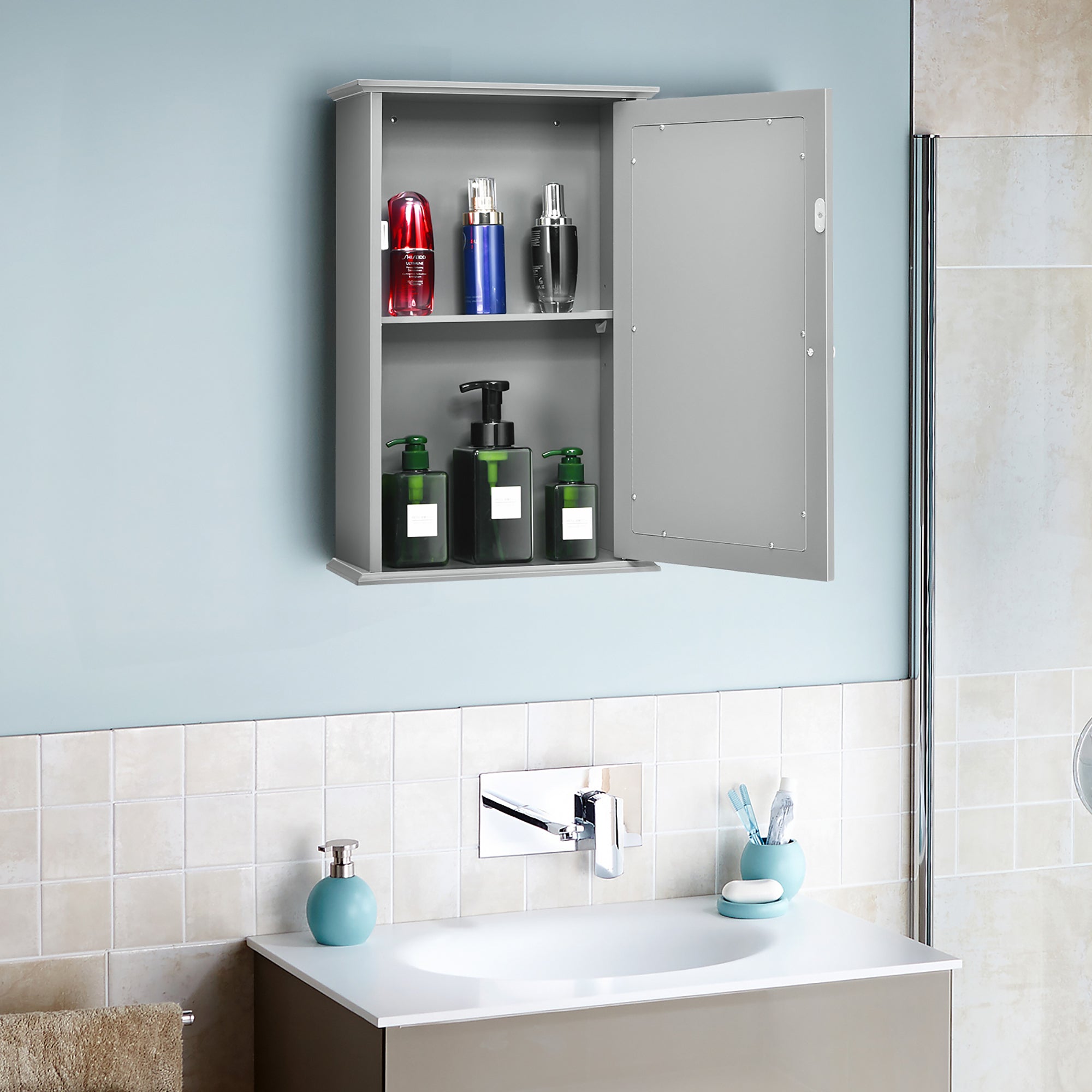 Costway Bathroom Wall Cabinet Single Mirror Door Cupboard Storage Medicine Cabinet Wood Shelf Grey