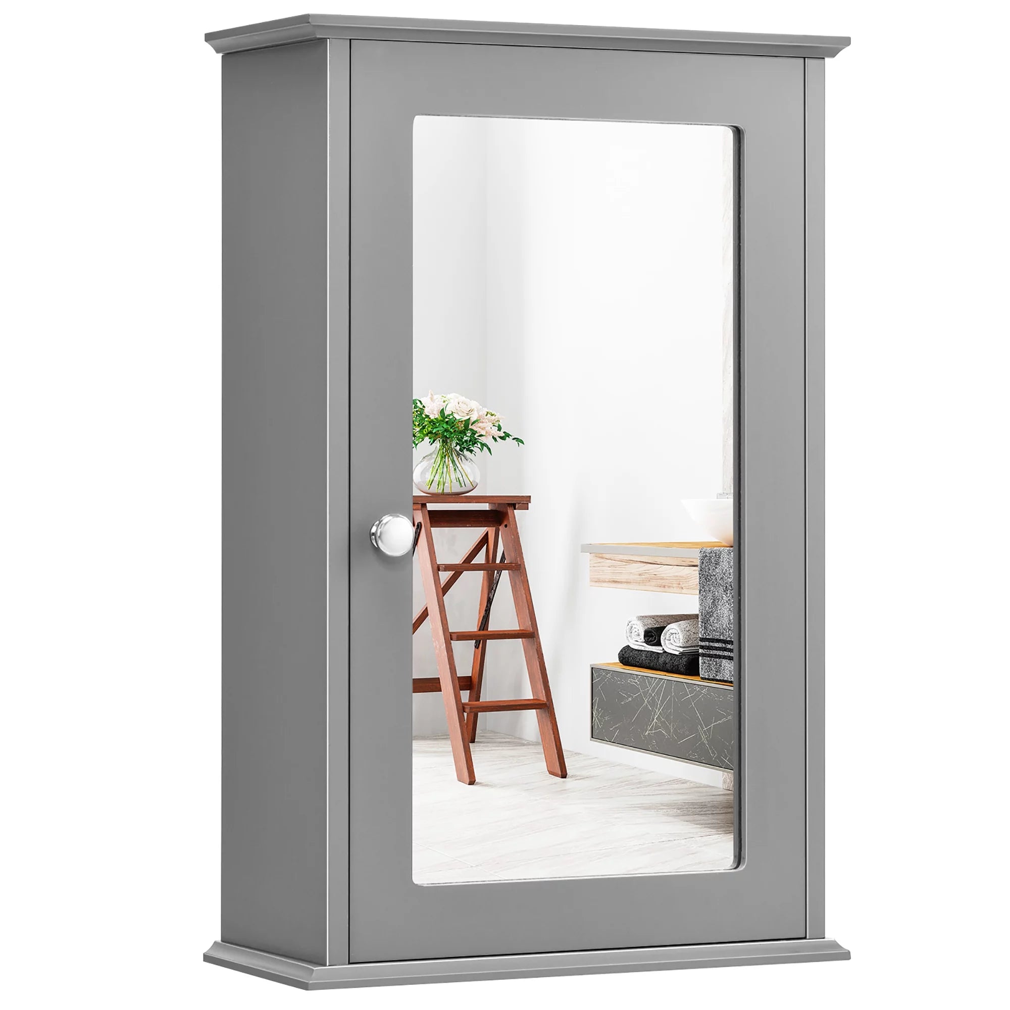 Costway Bathroom Wall Cabinet Single Mirror Door Cupboard Storage Medicine Cabinet Wood Shelf Grey