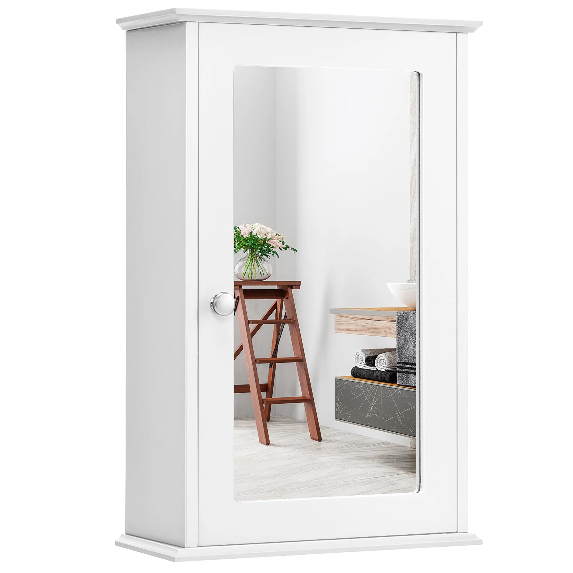 Costway Bathroom Wall Medicine Cabinet Single Mirror Door Cupboard Storage Wood Shelf White