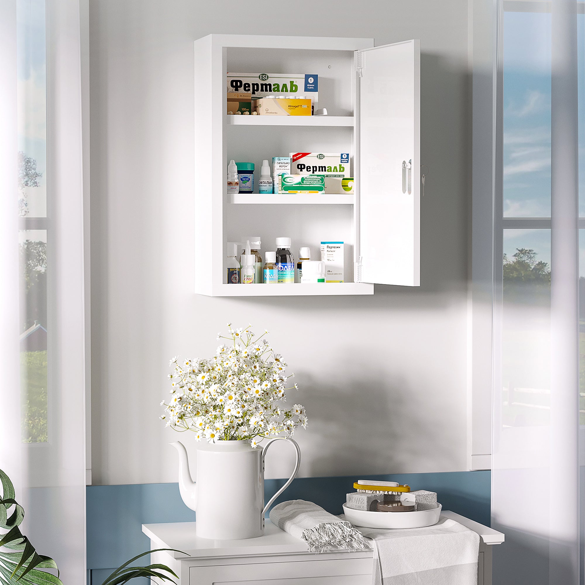 kleankin Wall Medicine Cabinet with Lock, White