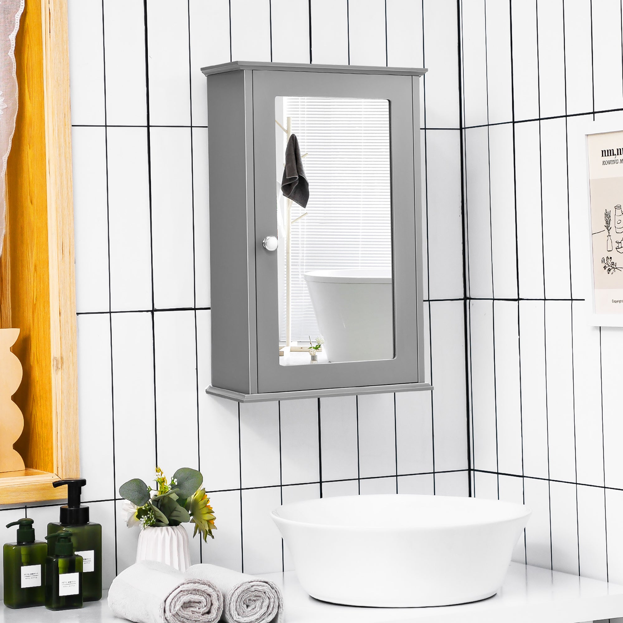 Costway Bathroom Wall Cabinet Single Mirror Door Cupboard Storage Medicine Cabinet Wood Shelf Grey