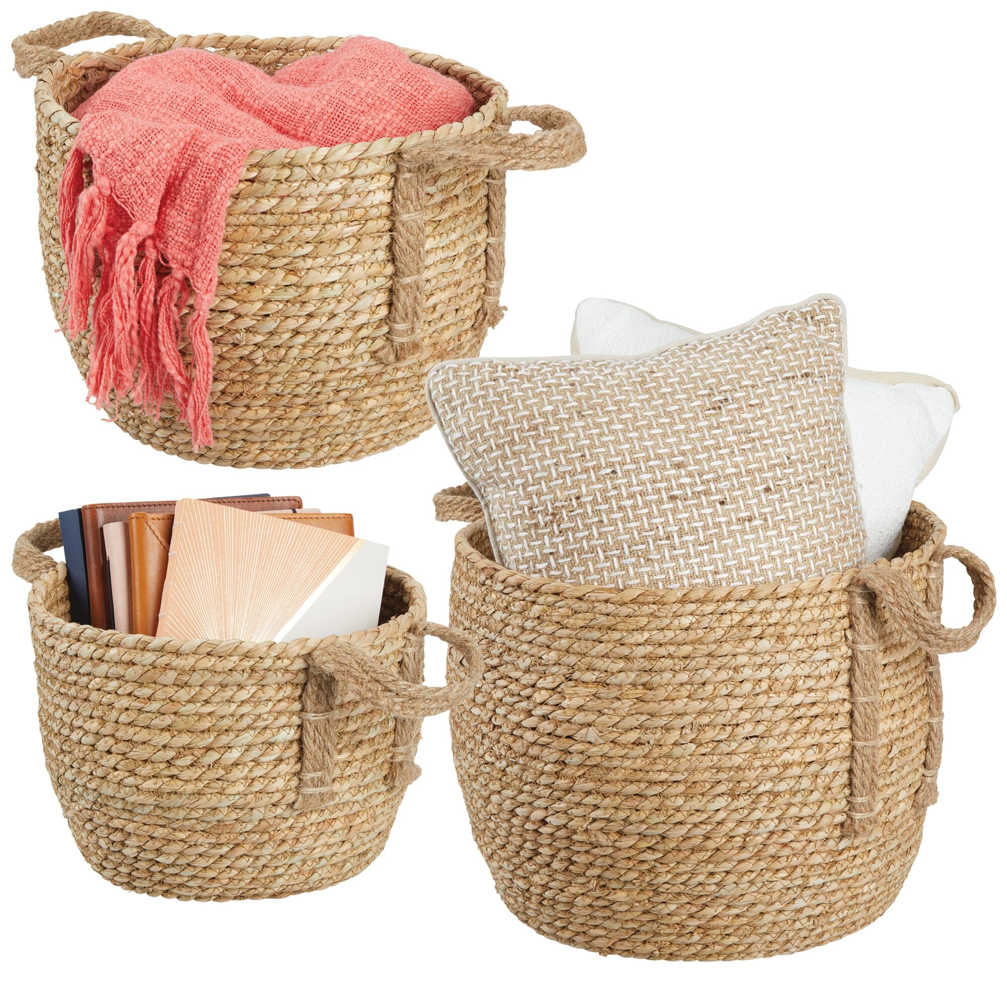 mDesign Round Braided Seagrass Woven Storage Basket with Jute Handles -Set of 3 - Natural