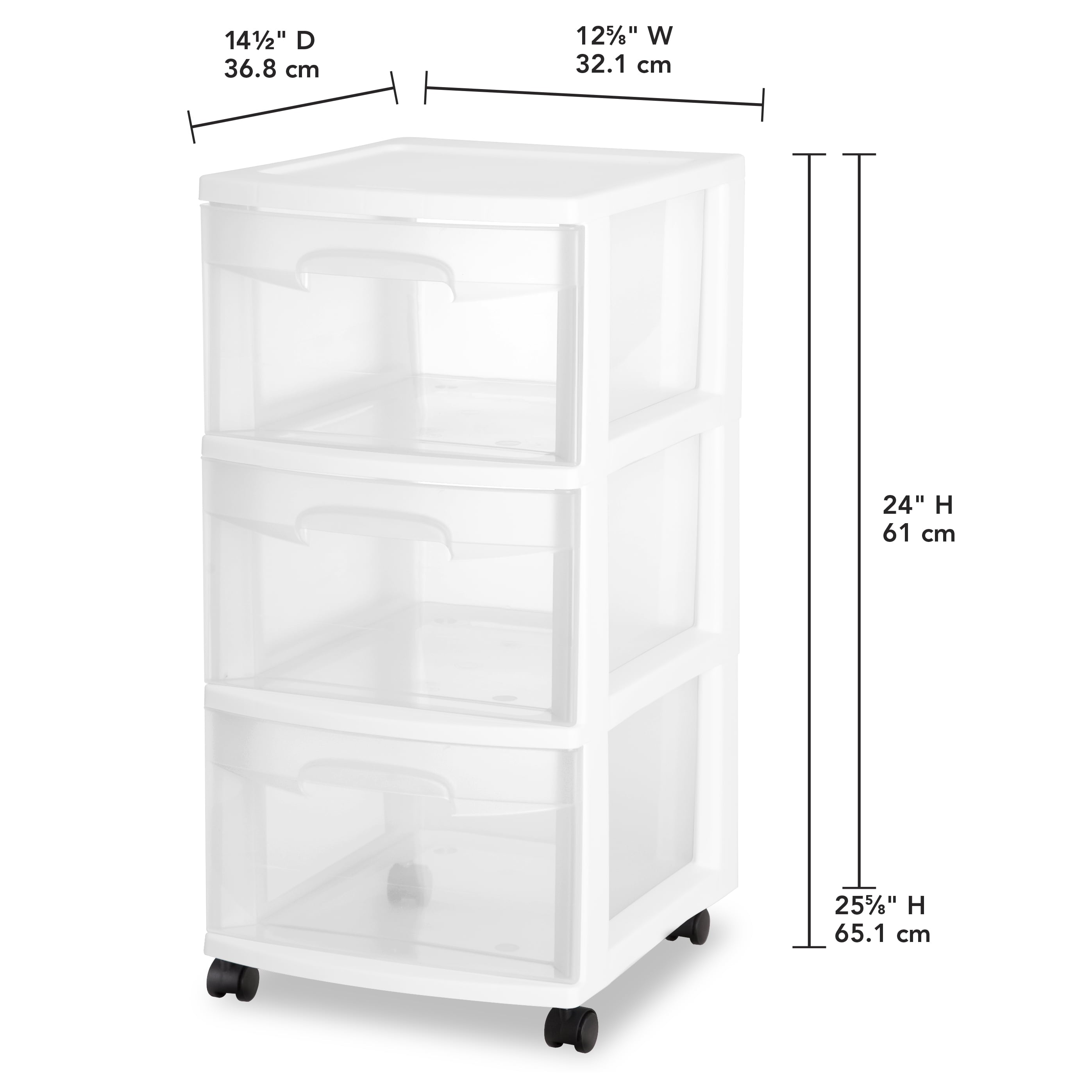 Sterilite 3 Drawer Cart, White with Clear Drawers, Adult