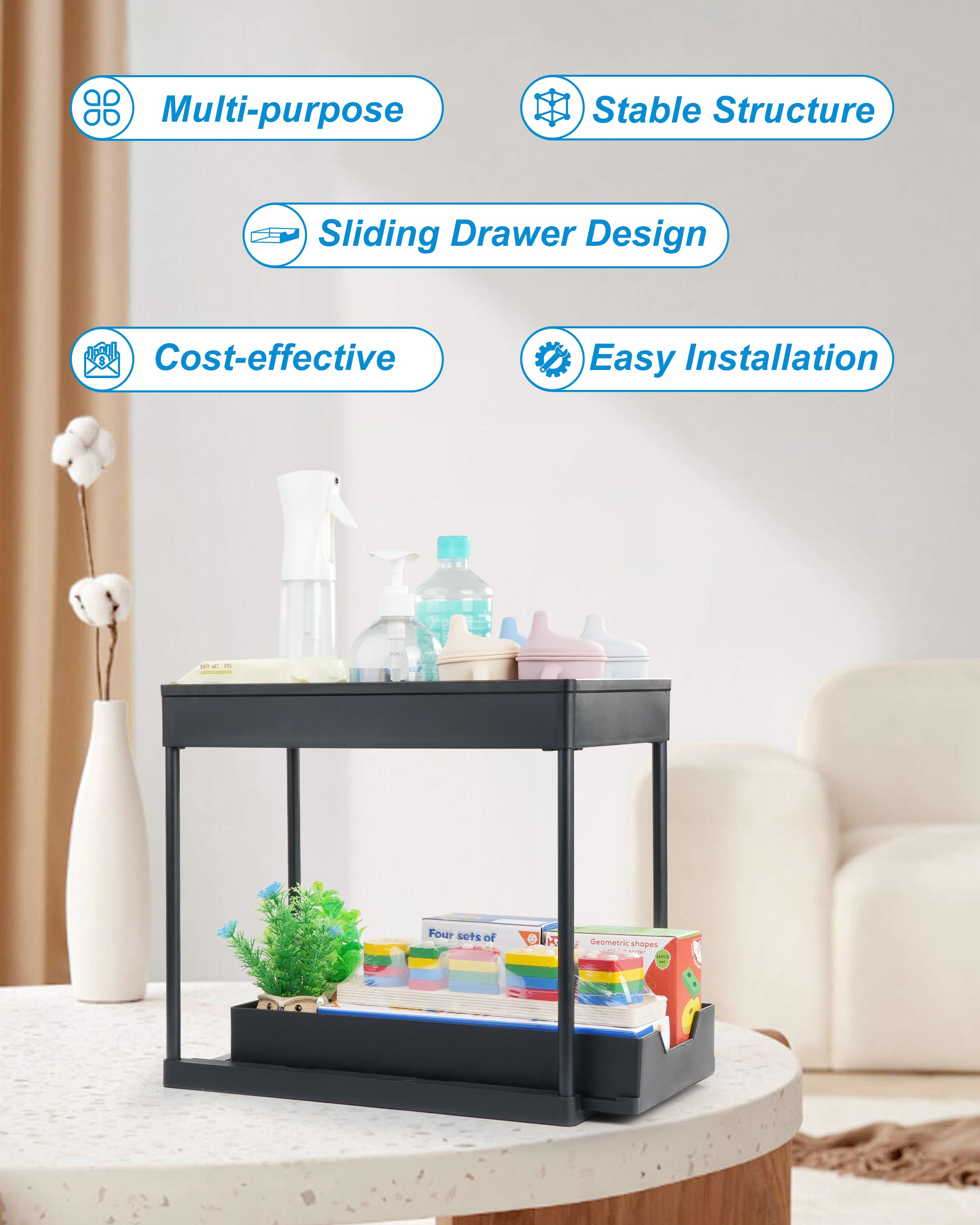 Under Sink Organizer,2 Pack Under Sliding Cabinet Basket Organizers, 2 Tier Under Bathroom Organizer