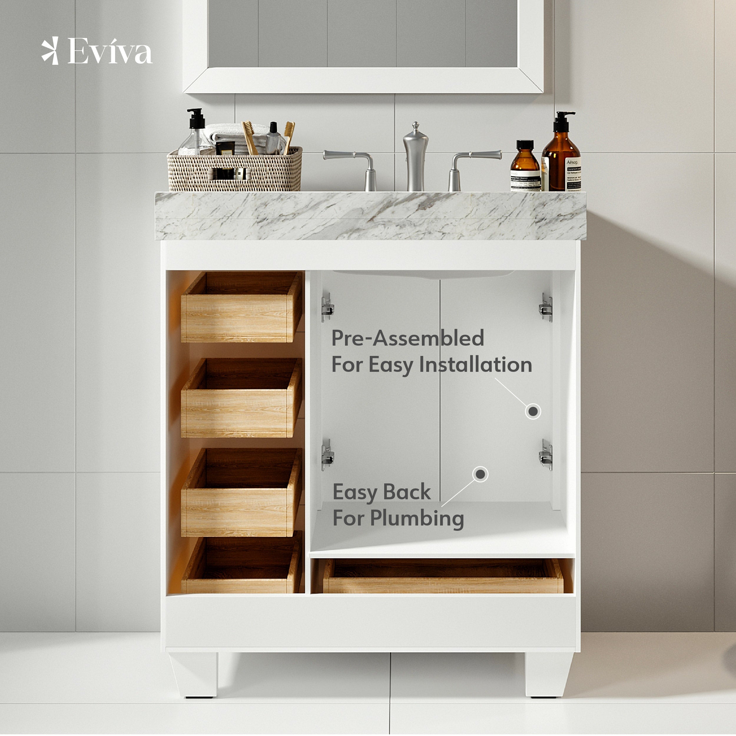 Eviva Acclaim 30 inch White Transitional Bathroom Vanity with White Carrara Marble Countertop and Undermount Porcelain Sink