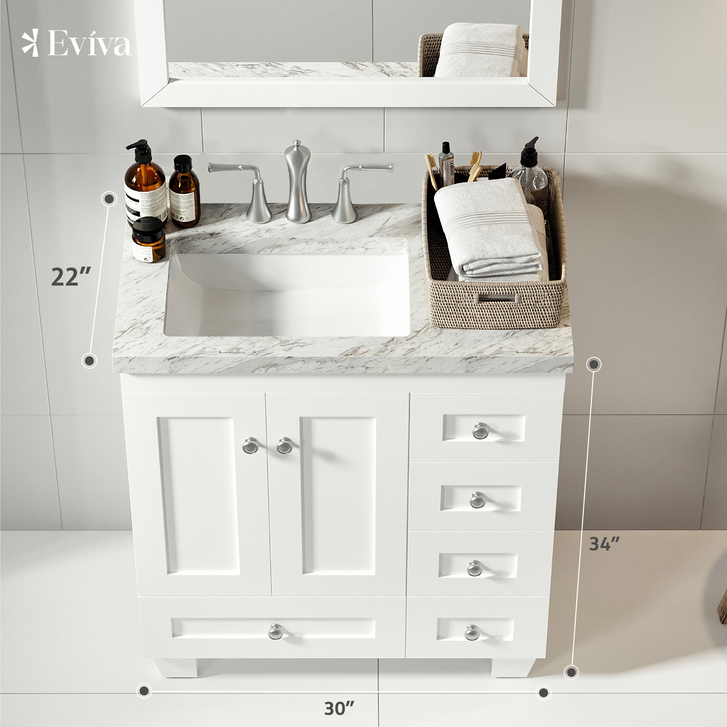 Eviva Acclaim 30 inch White Transitional Bathroom Vanity with White Carrara Marble Countertop and Undermount Porcelain Sink