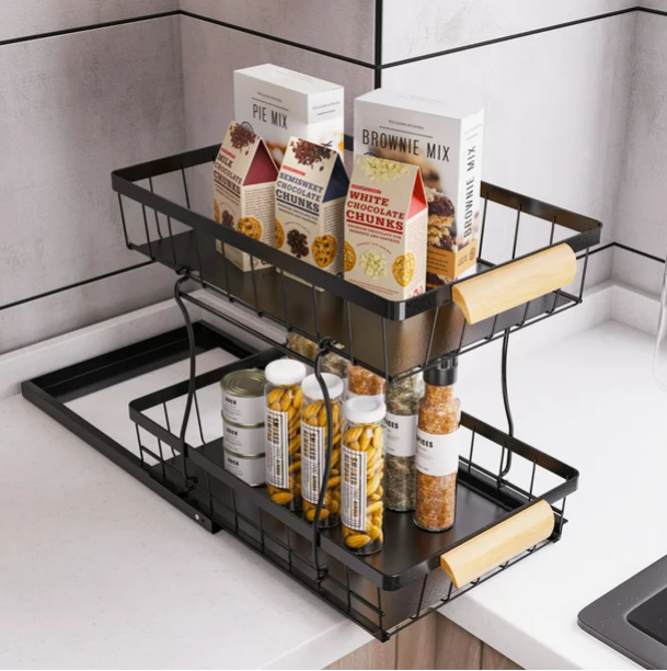 WERSEON Under the sink Rack 2 Layer Bathroom Kitchen Pull-Out Metal Shelf Organizer Black