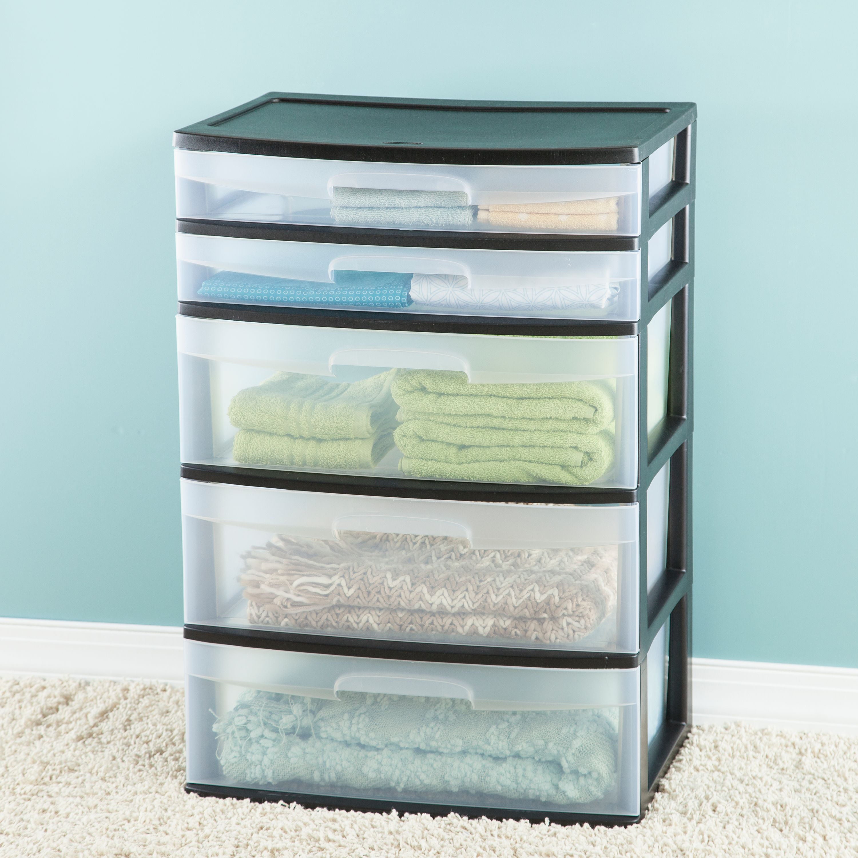 Sterilite Plastic 5 Drawer Wide Tower Black