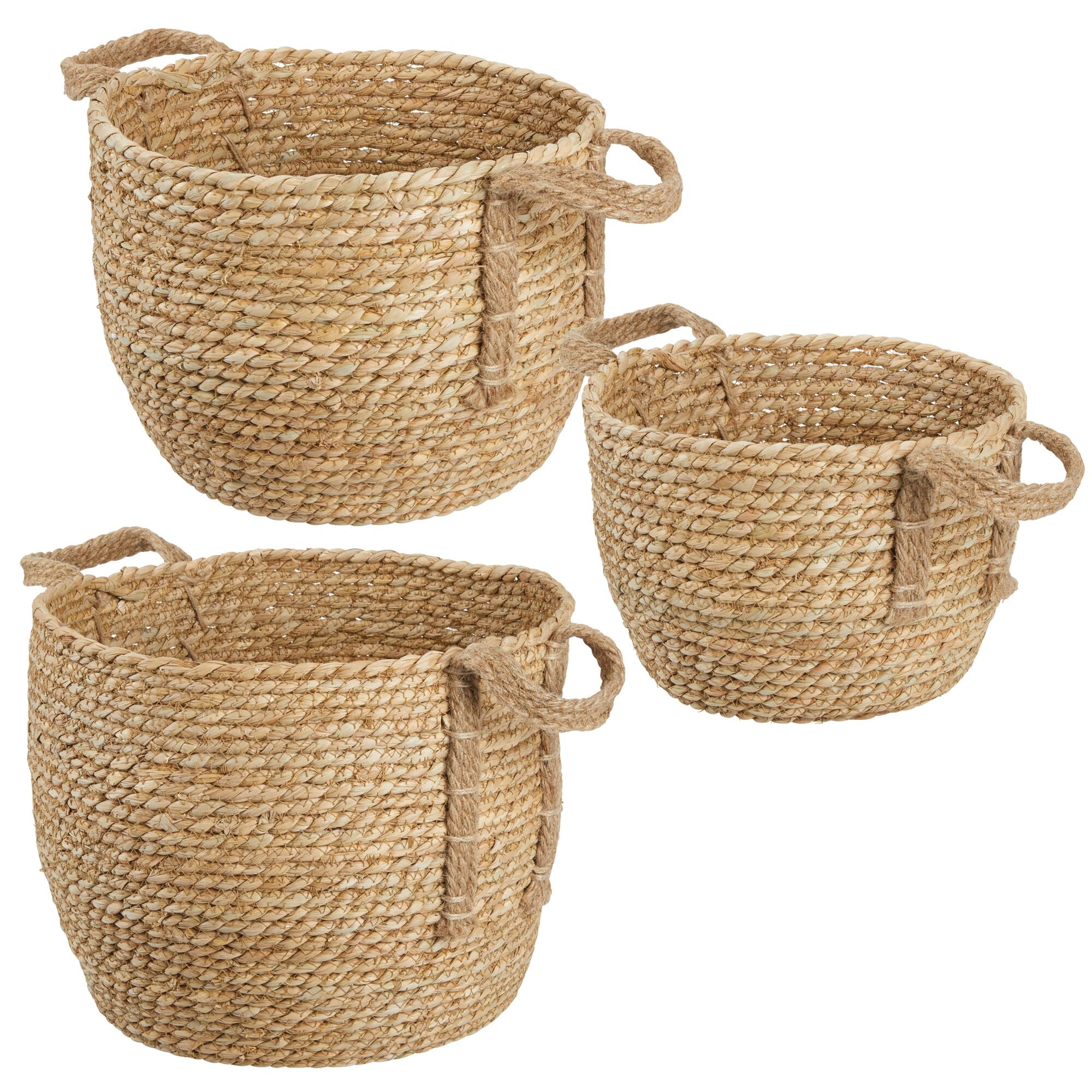 mDesign Round Braided Seagrass Woven Storage Basket with Jute Handles -Set of 3 - Natural