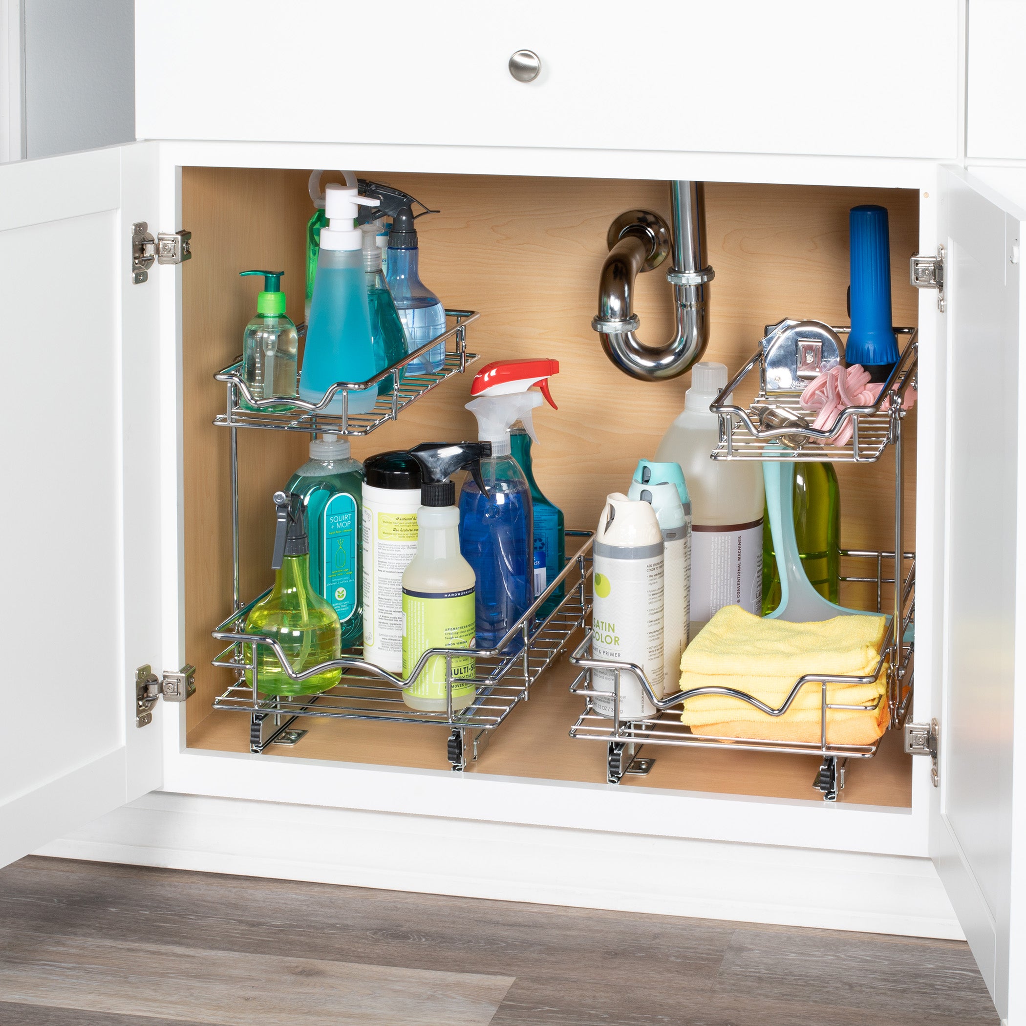 Under Sink Pull Out Organizer for Cabinet –Sliding Drawer Shelf Perfect for Vanity and Kitchen, Two Tier Roll Out Sliding Shelves