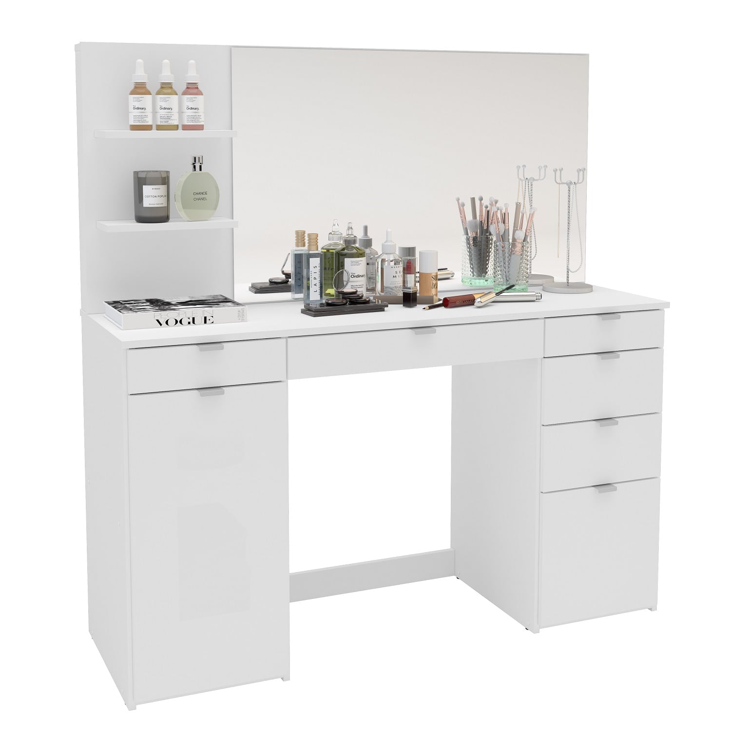 Polifurniture Amelia Modern Bedroom Vanity Desk with Mirror, White Finish