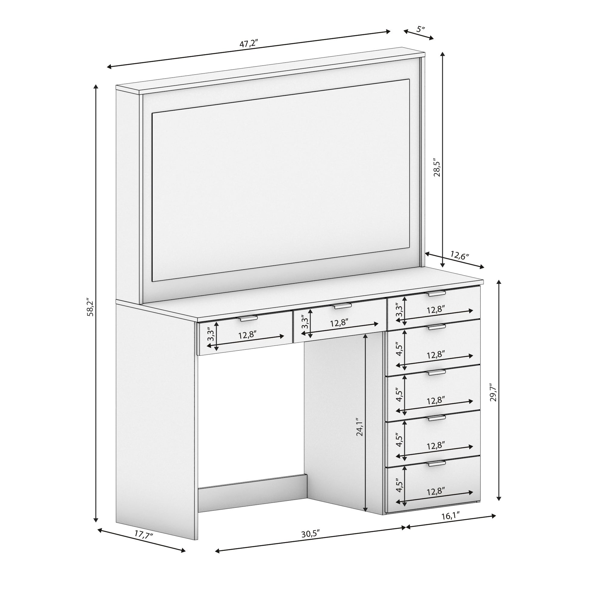 Boahaus Diana Modern Lighted Vanity Desk, White Finish, for Bedroom