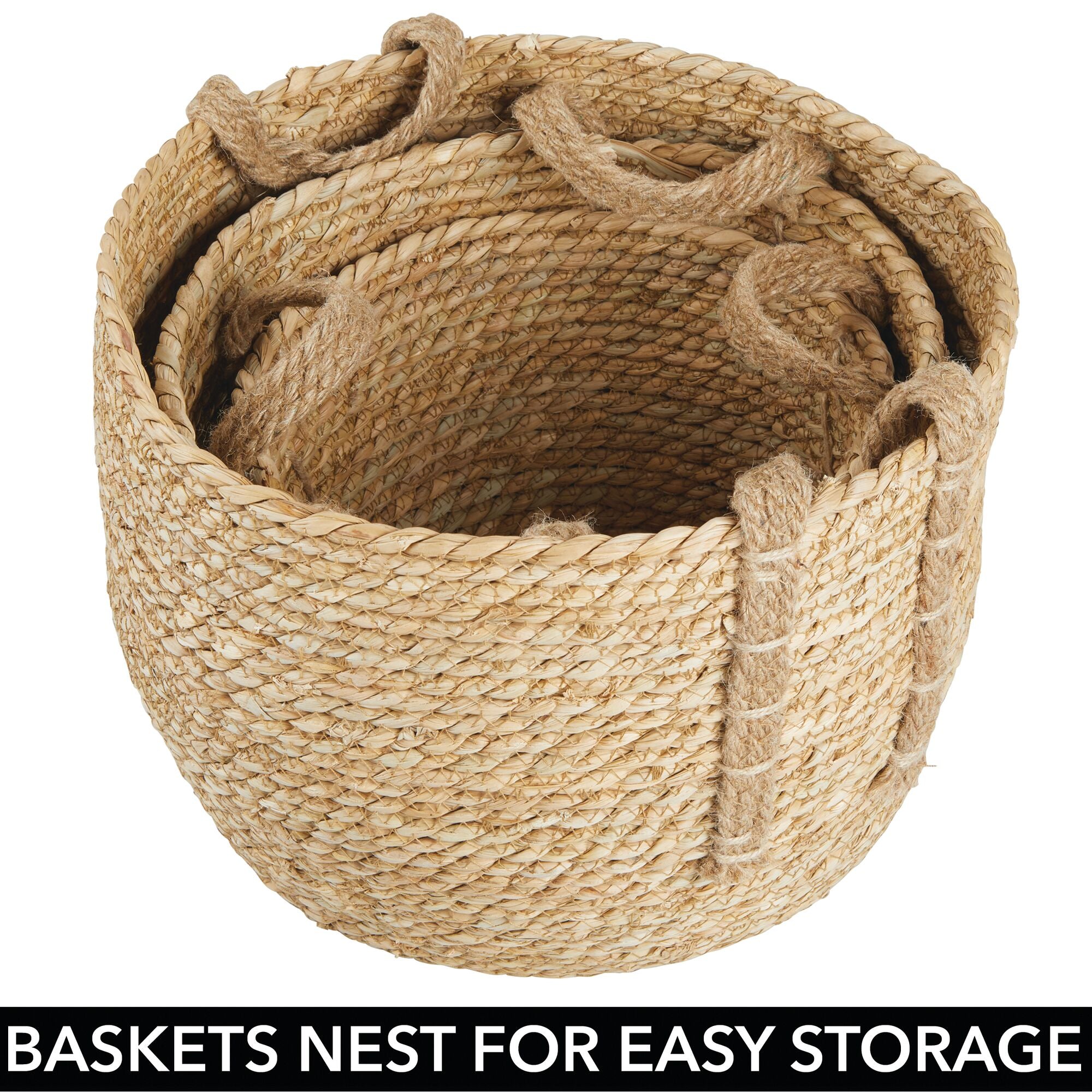 mDesign Round Braided Seagrass Woven Storage Basket with Jute Handles -Set of 3 - Natural