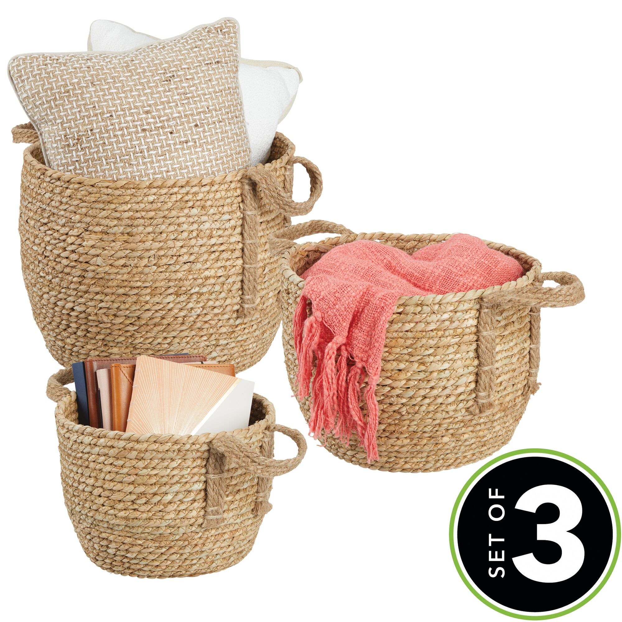 mDesign Round Braided Seagrass Woven Storage Basket with Jute Handles -Set of 3 - Natural