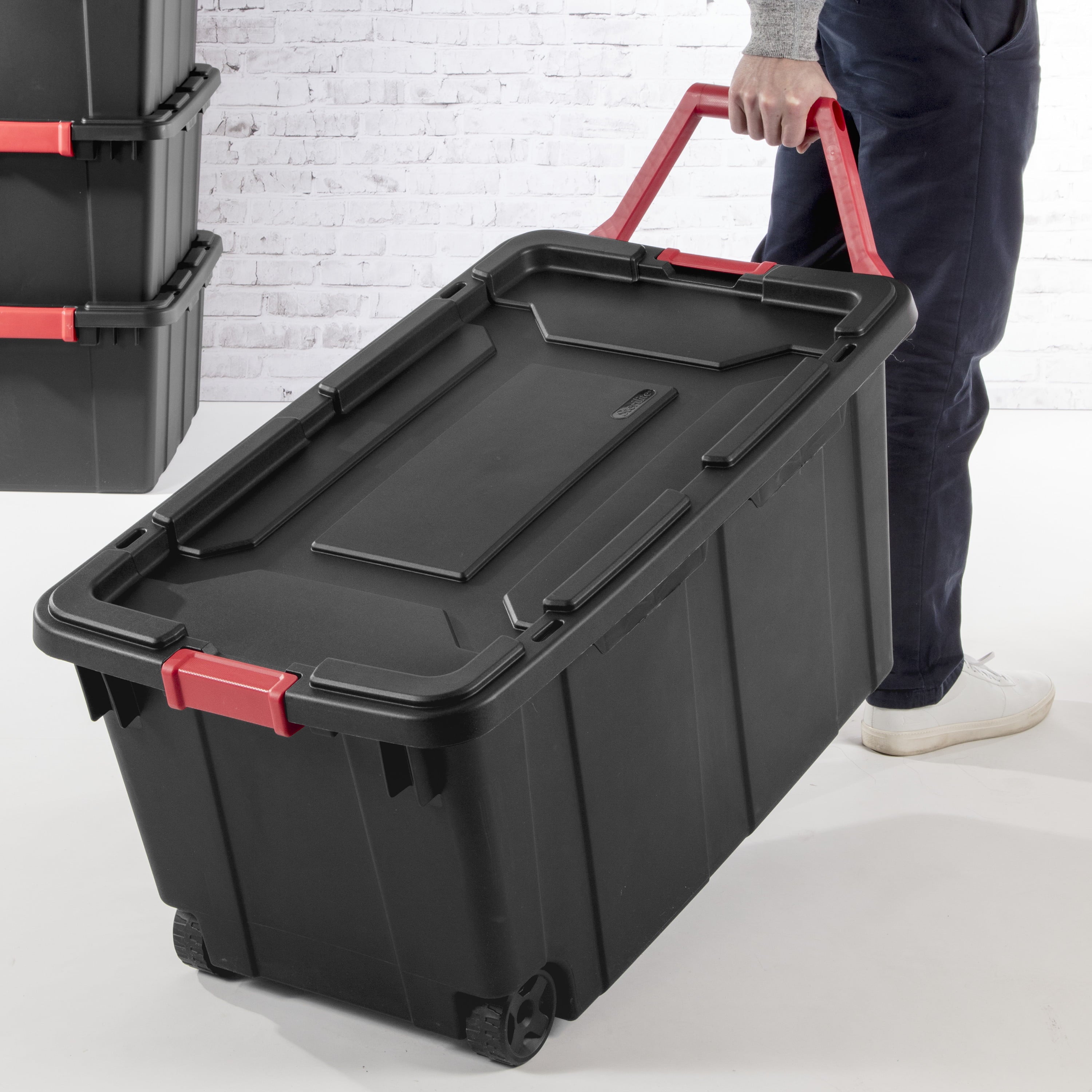 Sterilite 40 Gallon Wheeled Plastic Storage Tote, Black