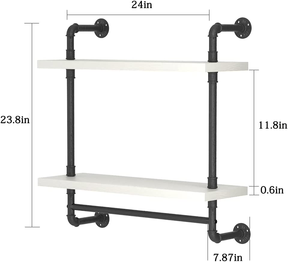 Helsin 24inch Industrial Pipe Shelving Bathroom Shelves Wall Mounted with Towel bar, 2 Tier Rustic Wood Floating Shelf