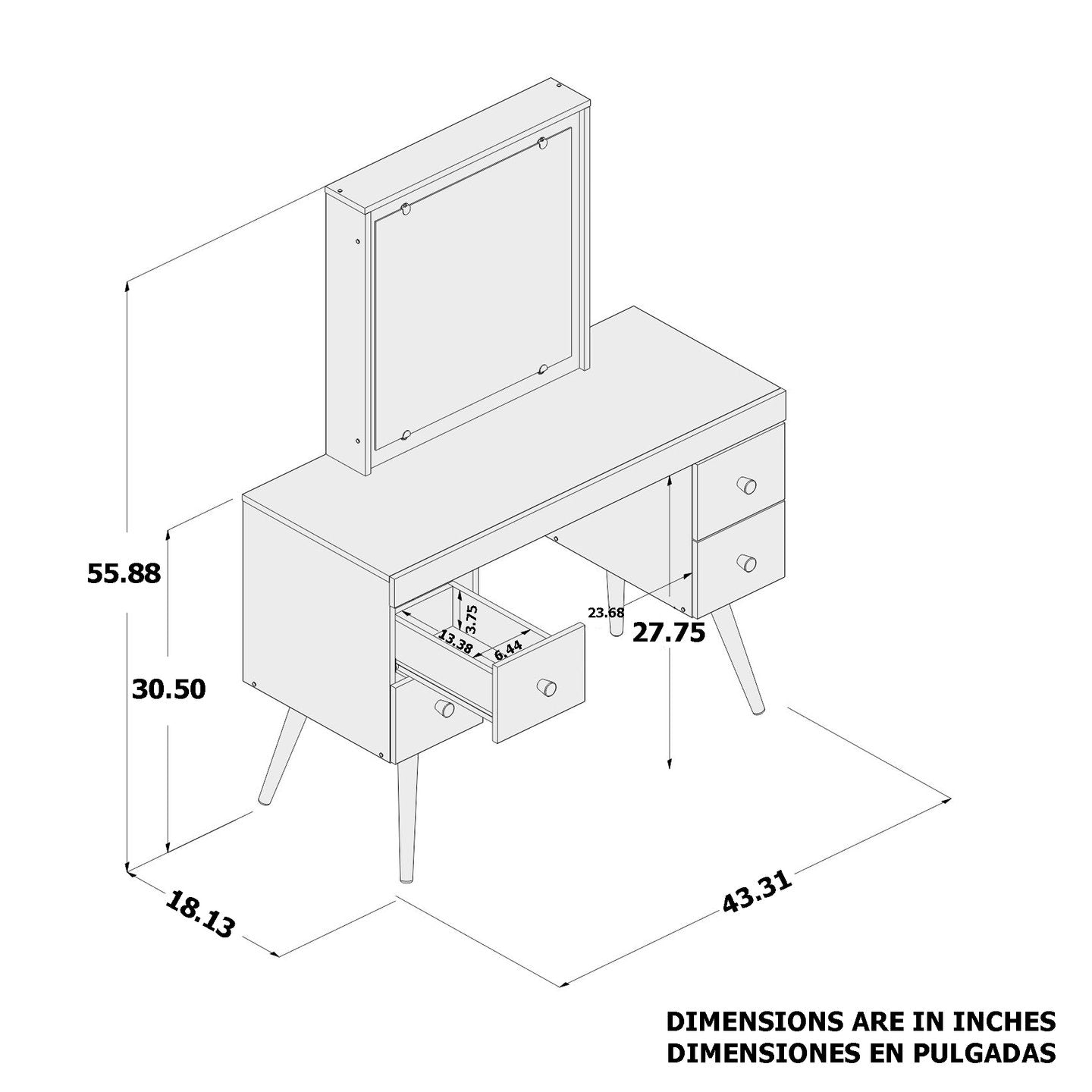 Boahaus Mary Modern Vanity Table, White Finish, for Bedroom