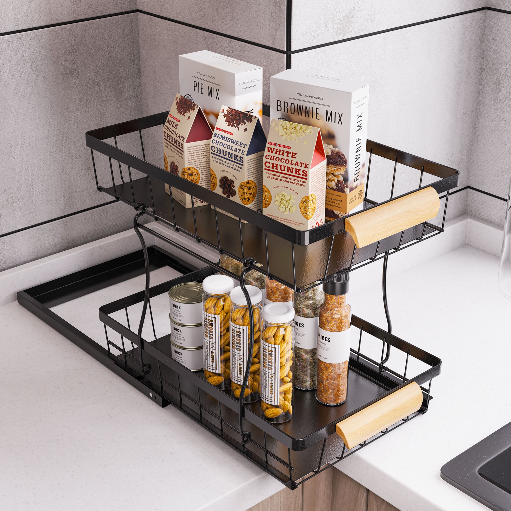 WERSEON Under the sink Rack 2 Layer Bathroom Kitchen Pull-Out Metal Shelf Organizer Black