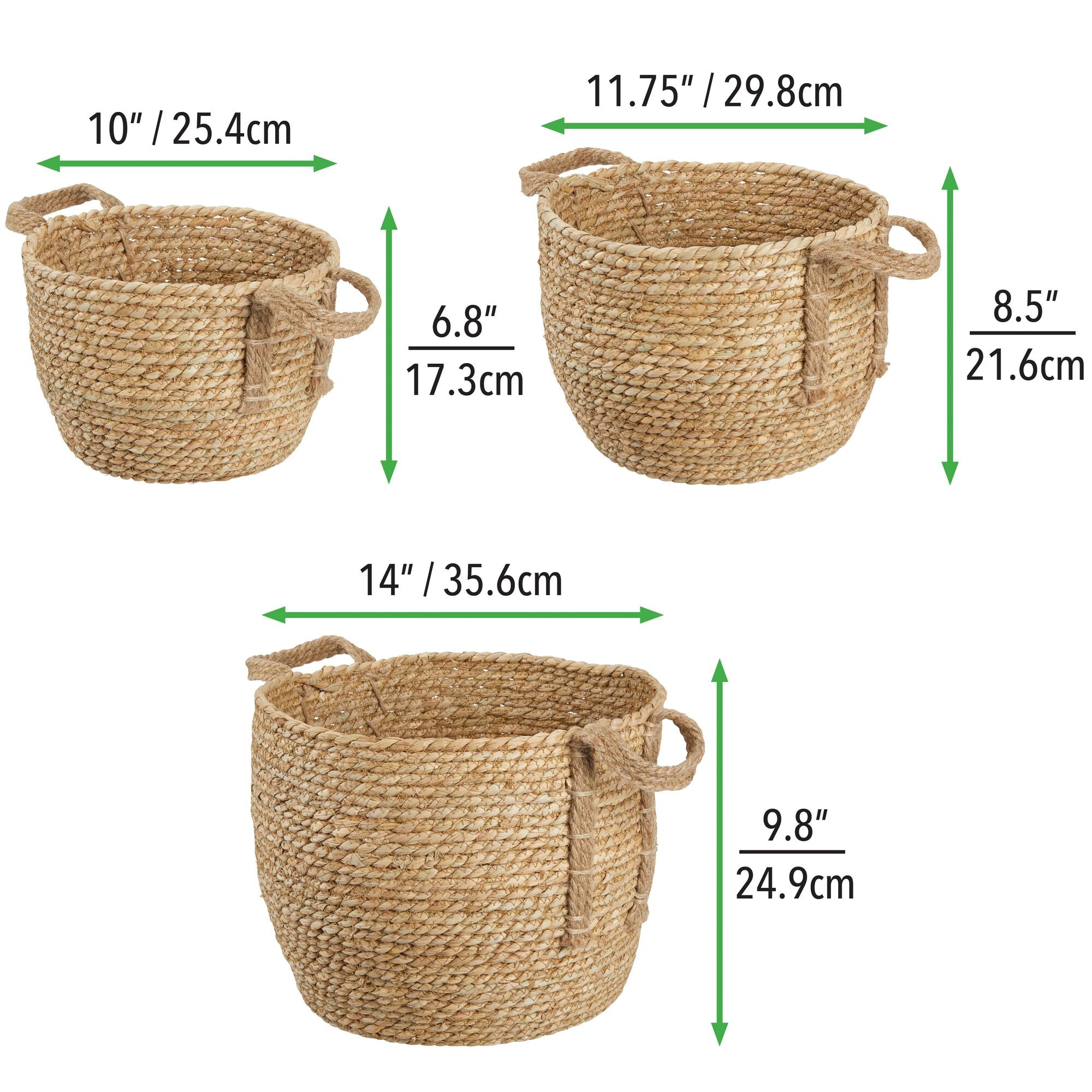 mDesign Round Braided Seagrass Woven Storage Basket with Jute Handles -Set of 3 - Natural