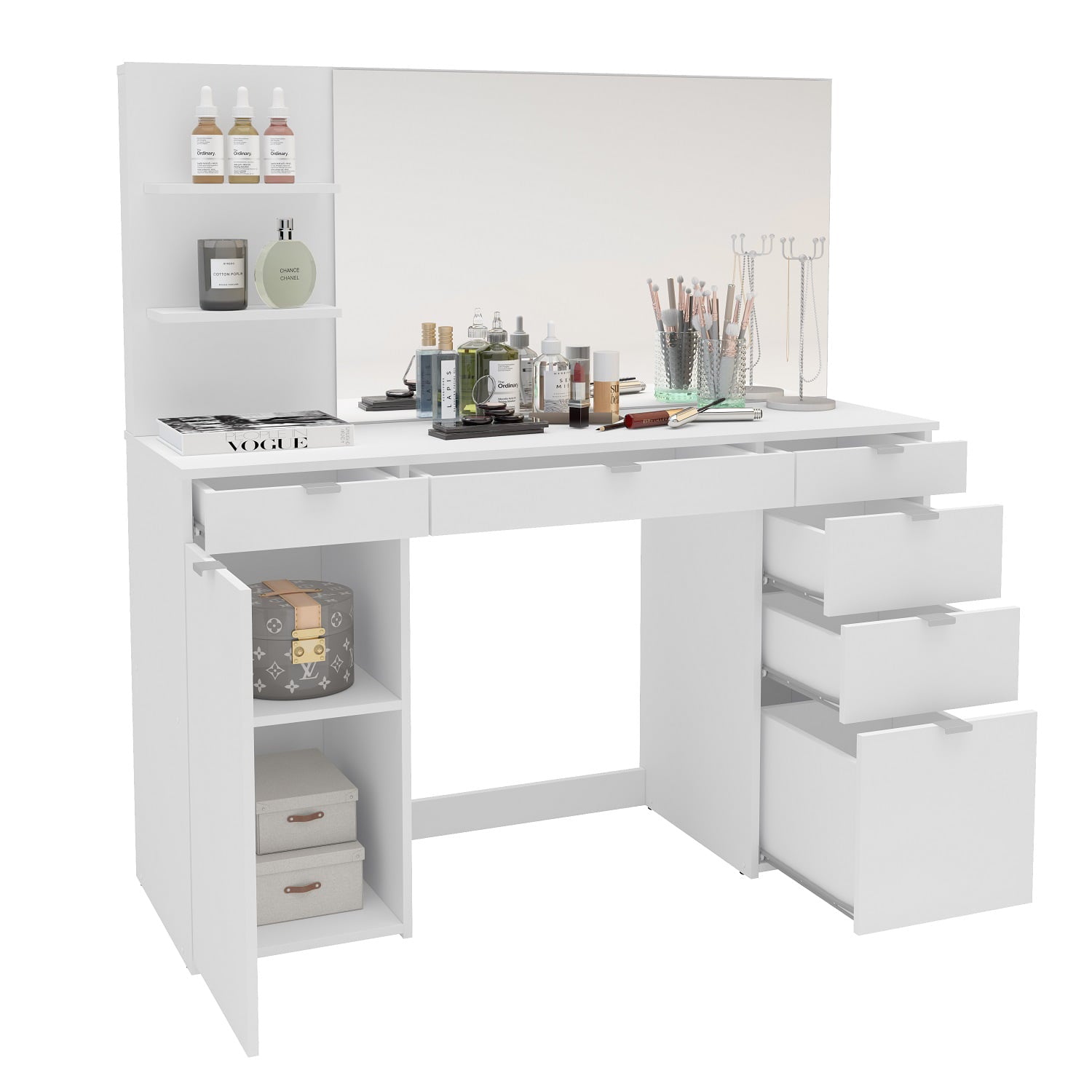 Polifurniture Amelia Modern Bedroom Vanity Desk with Mirror, White Finish