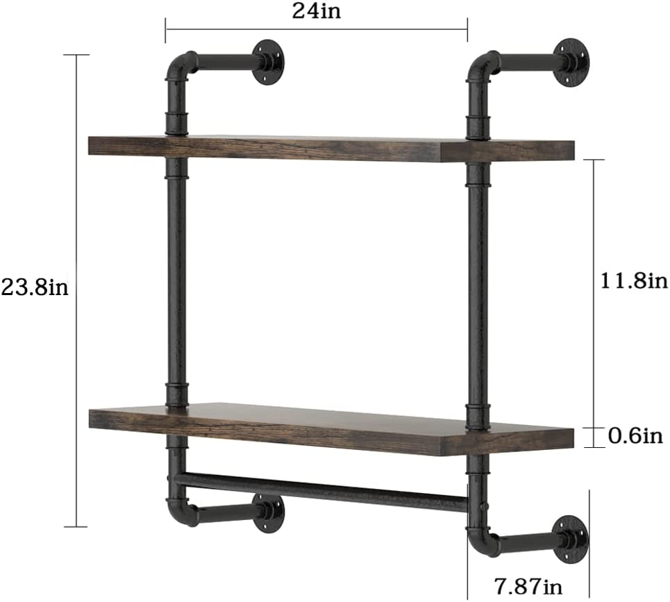 Helsin 24inch Industrial Pipe Shelving Bathroom Shelves Wall Mounted with Towel bar, 2 Tier Rustic Wood Floating Shelf