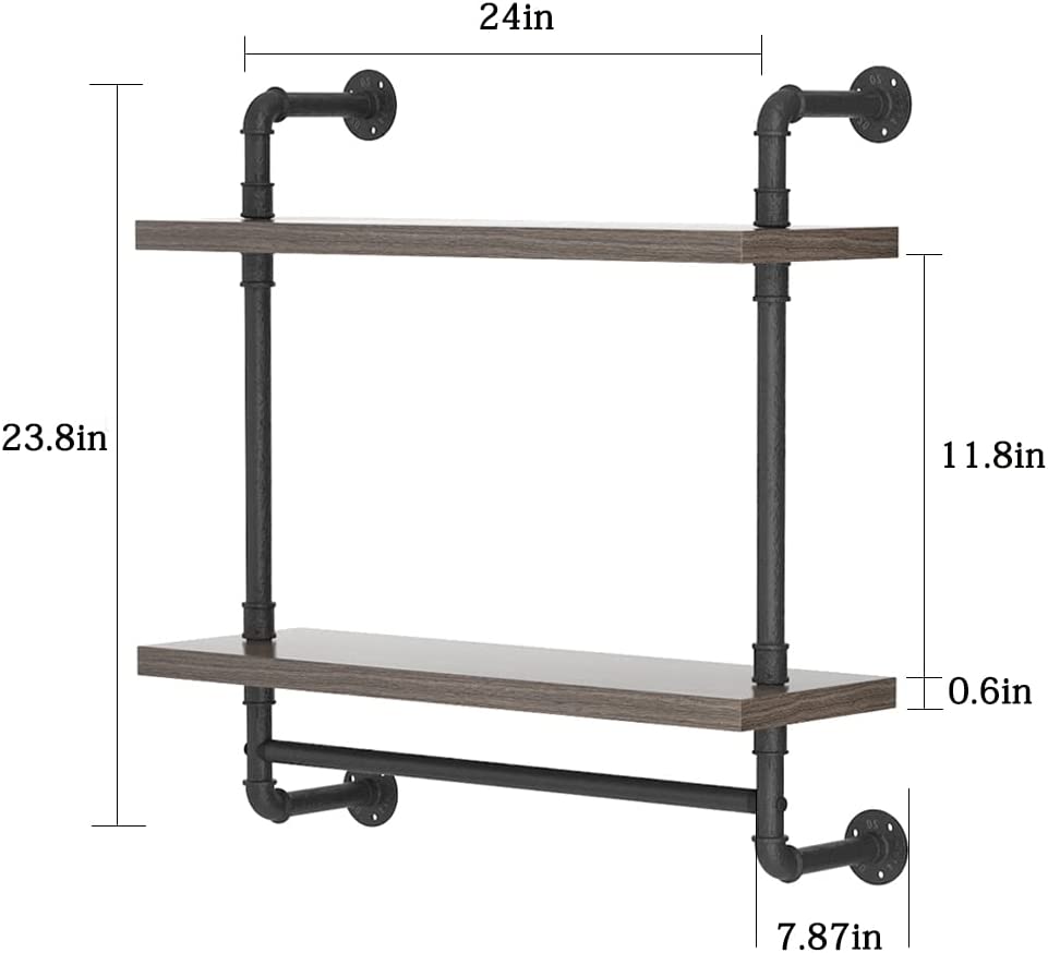 Helsin 24inch Industrial Pipe Shelving Bathroom Shelves Wall Mounted with Towel bar, 2 Tier Rustic Wood Floating Shelf