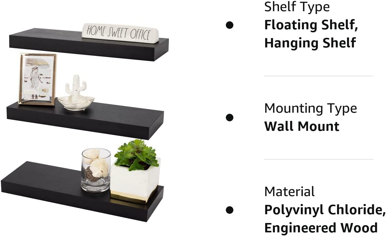 Sorbus Floating Shelf Set — Rustic Wood Hanging Rectangle Wall Shelves — Perfect for Home Décor, Trophy Display, Photo Frames, and More