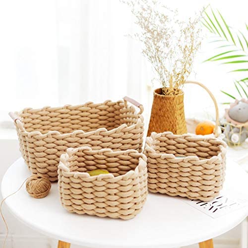 JJSQYLAN Cotton Rope Blanket Storage Basket for shelf,small decorative woven basket Organization and storage for Candy Food Nursery Baby Clothes Towels Diaper Caddy Books (Set of 3, Beige)