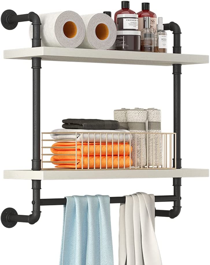 Helsin 24inch Industrial Pipe Shelving Bathroom Shelves Wall Mounted with Towel bar, 2 Tier Rustic Wood Floating Shelf