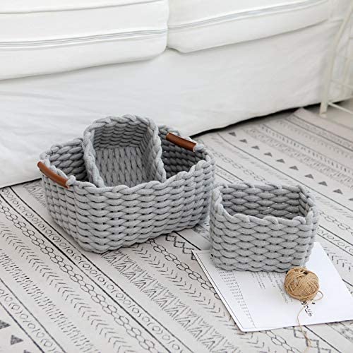 JJSQYLAN Cotton Rope Blanket Storage Basket for shelf,small decorative woven basket Organization and storage for Candy Food Nursery Baby Clothes Towels Diaper Caddy Books (Set of 3, Beige)