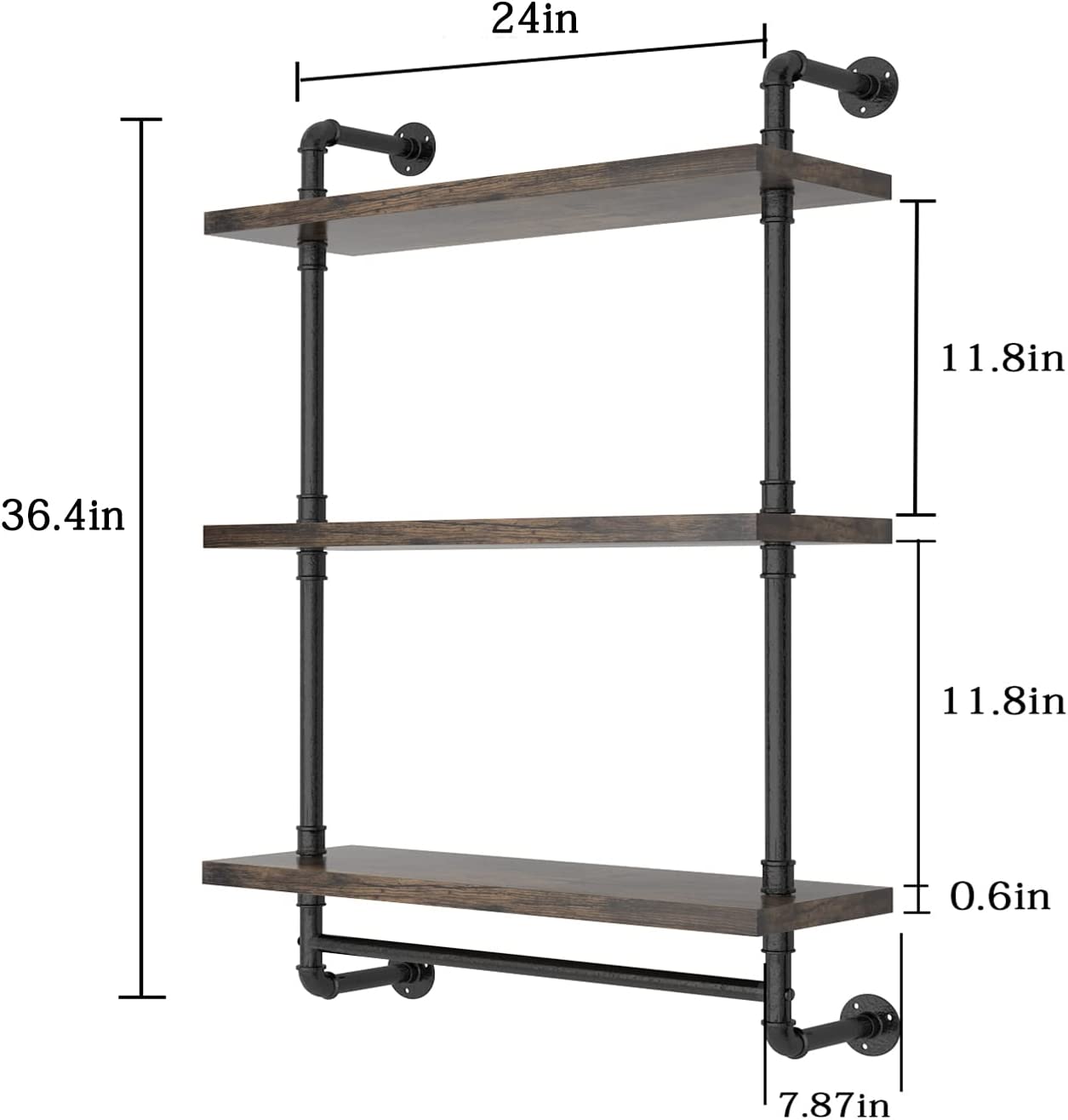 Helsin 24inch Industrial Pipe Shelving Bathroom Shelves Wall Mounted with Towel bar, 2 Tier Rustic Wood Floating Shelf