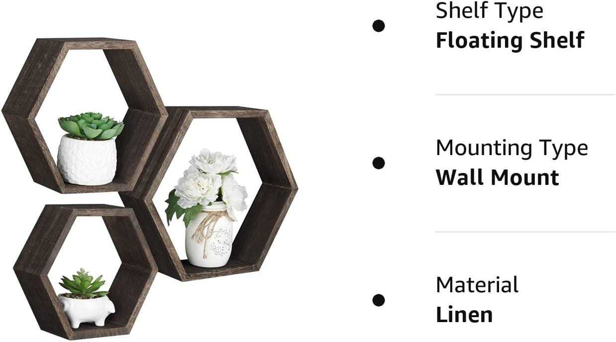 Hexagonal Floating Shelves Wall Mounted, Set of 5 Wood Farmhouse Storage Honeycomb Wall Shelf for Bathroom