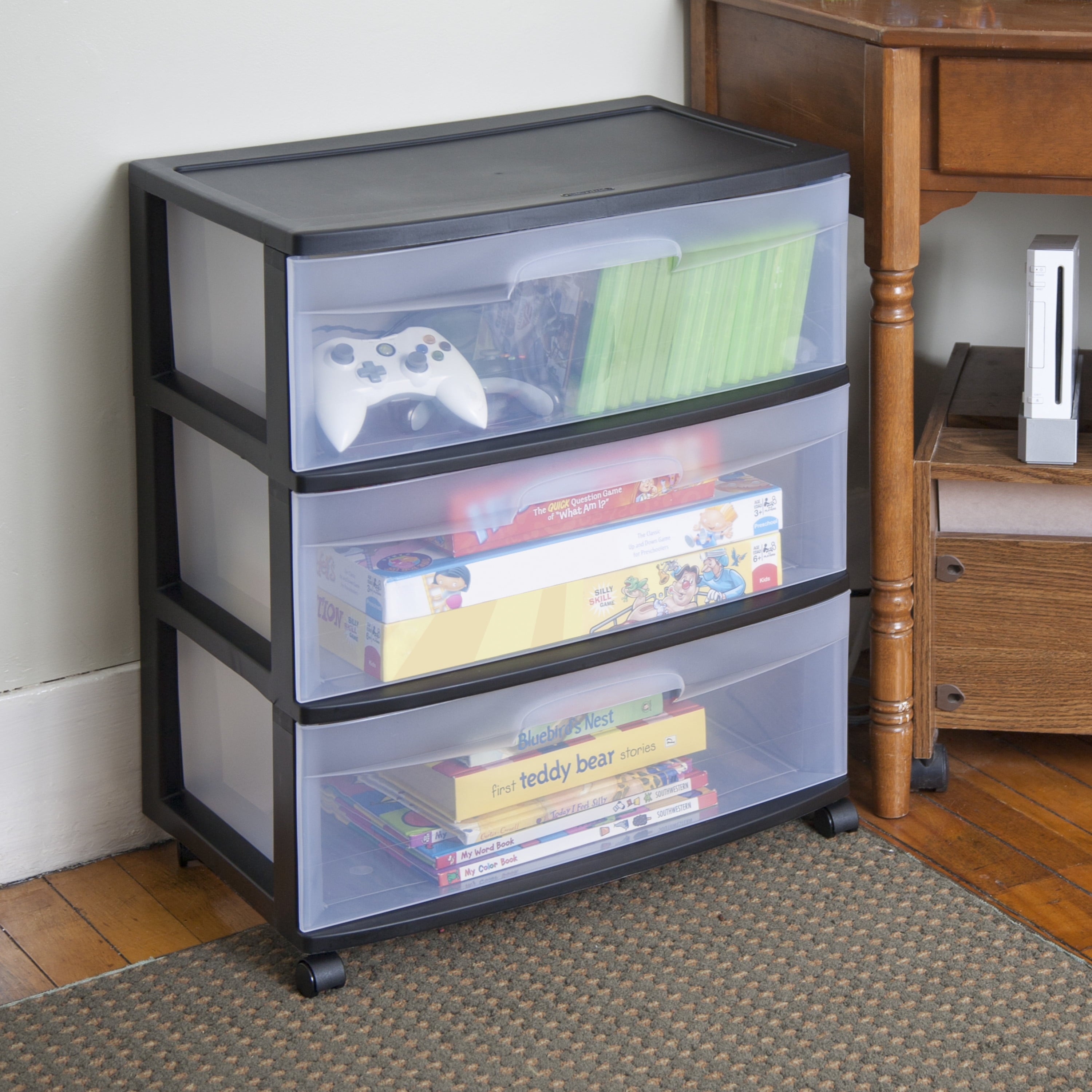 Sterilite Wide 3 Drawer Cart Black