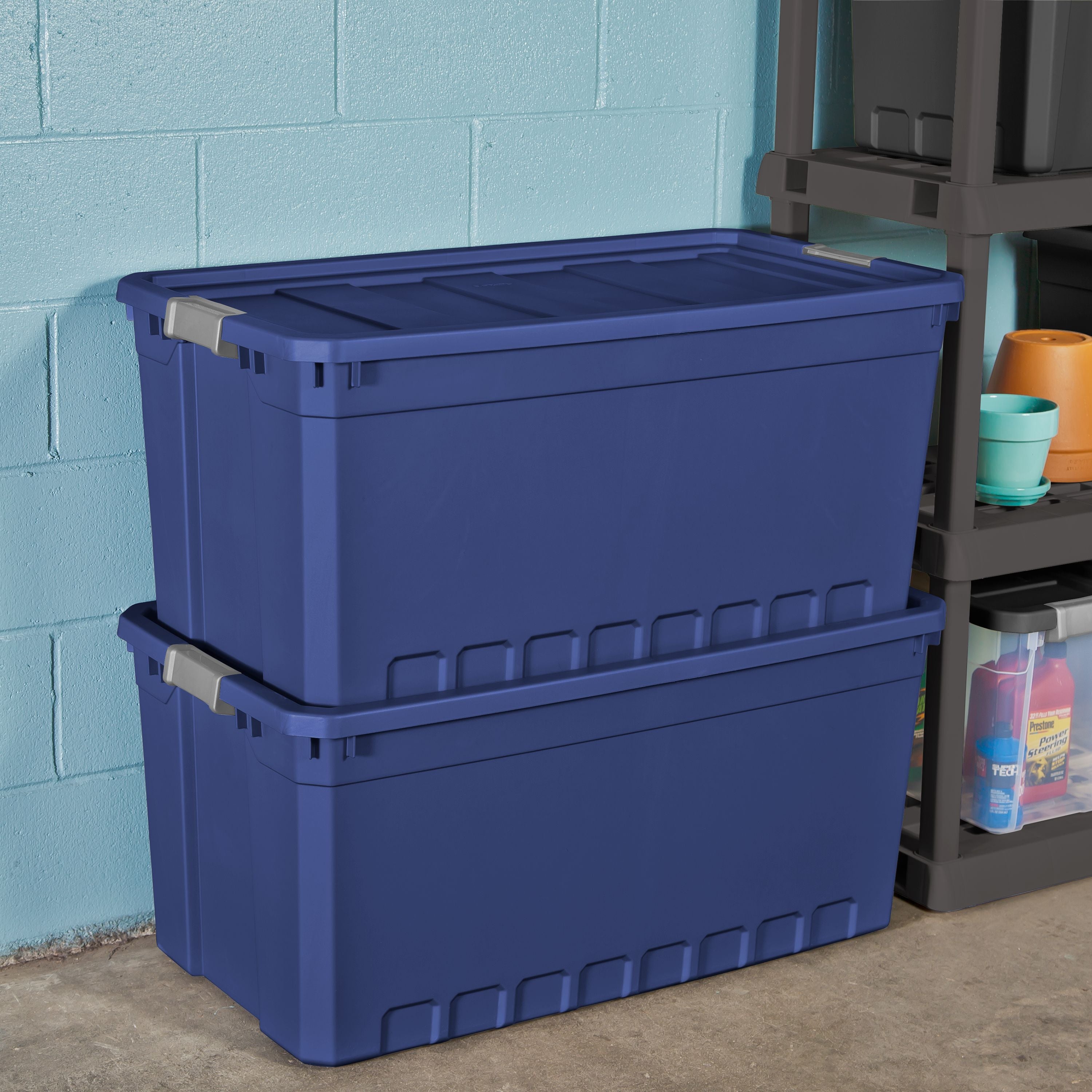 Sterilite 50 Gallon Plastic Stacker Tote, Stadium Blue, Adult, 2 Piece