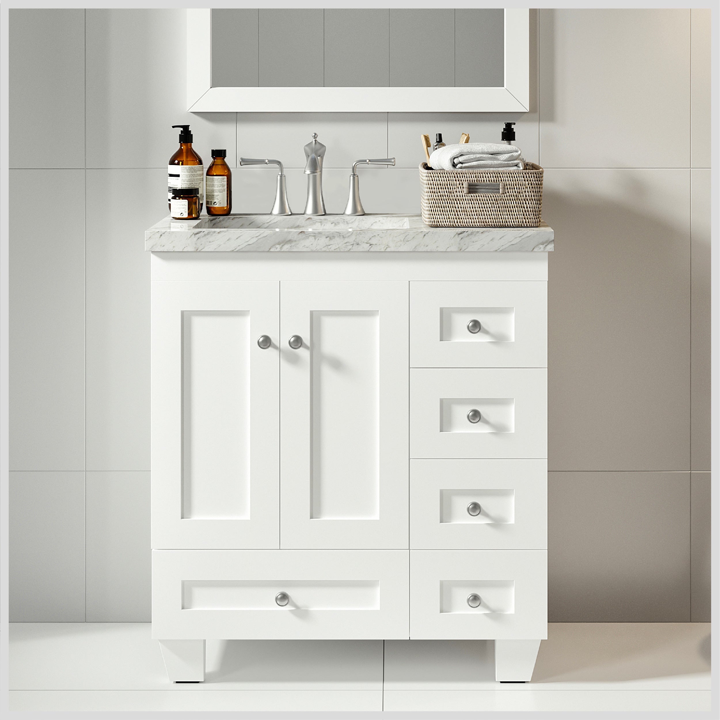 Eviva Acclaim 30 inch White Transitional Bathroom Vanity with White Carrara Marble Countertop and Undermount Porcelain Sink