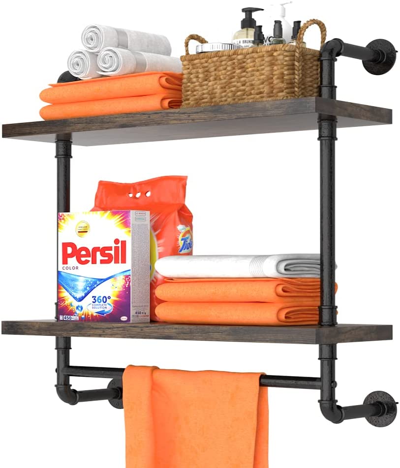 Helsin 24inch Industrial Pipe Shelving Bathroom Shelves Wall Mounted with Towel bar, 2 Tier Rustic Wood Floating Shelf