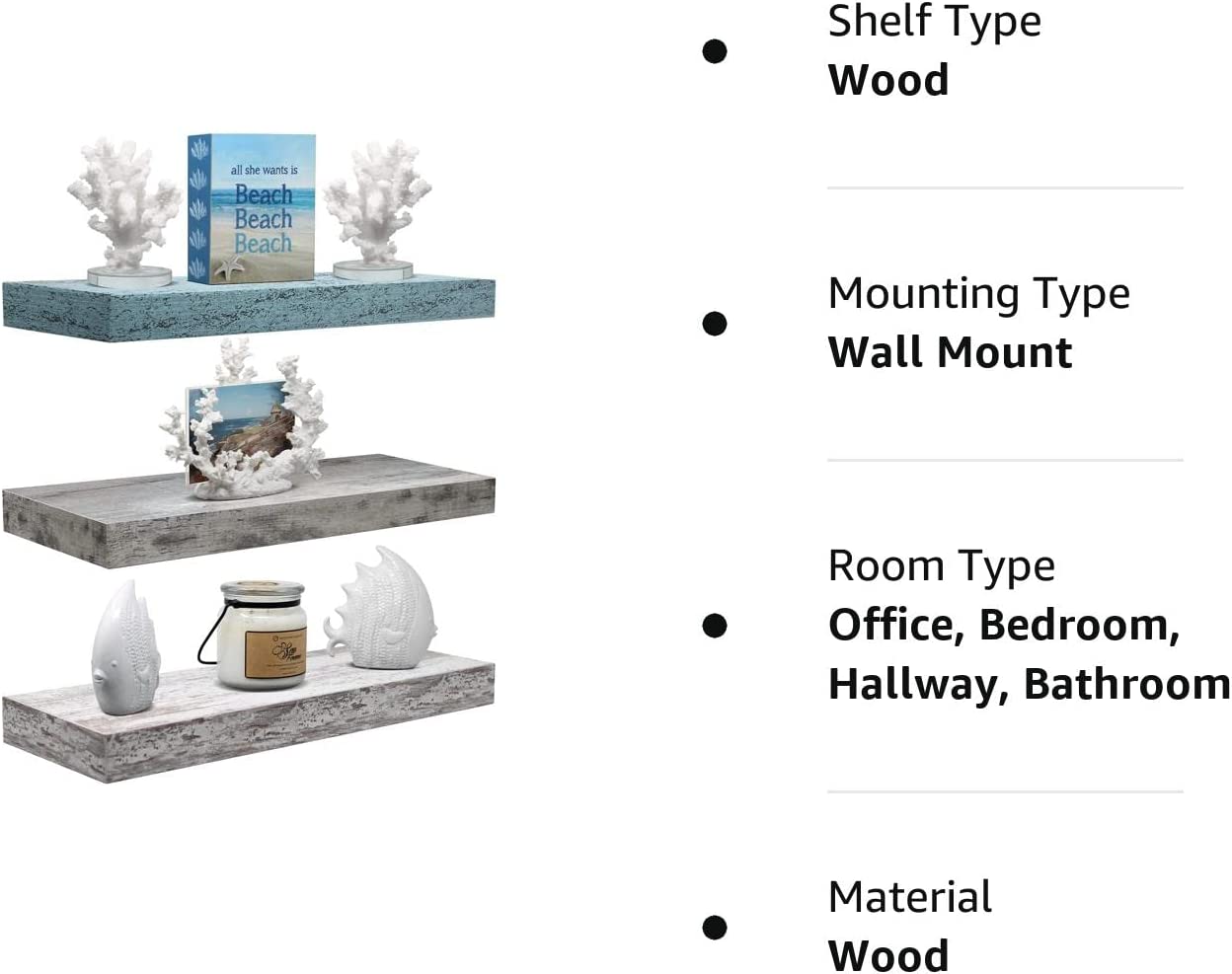 Home Zone Floating Shelf Set - Rustic Wood Coastal Beach Style Hanging Rectangle Wall Shelves for Home Décor, Trophy Display