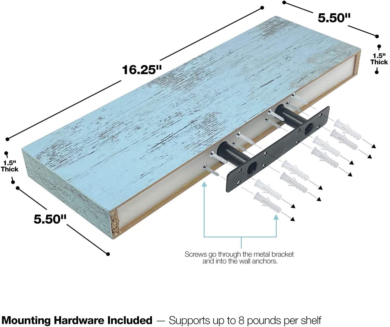 Home Zone Floating Shelf Set - Rustic Wood Coastal Beach Style Hanging Rectangle Wall Shelves for Home Décor, Trophy Display