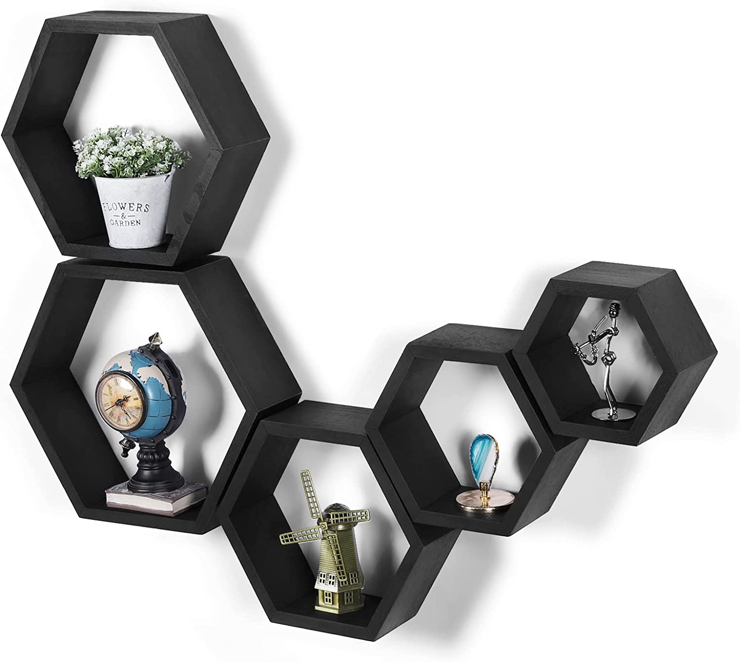 Hexagonal Floating Shelves Wall Mounted, Set of 5 Wood Farmhouse Storage Honeycomb Wall Shelf for Bathroom