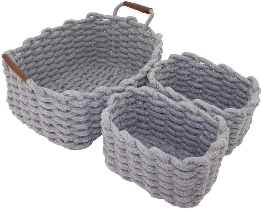 JJSQYLAN Cotton Rope Blanket Storage Basket for shelf,small decorative woven basket Organization and storage for Candy Food Nursery Baby Clothes Towels Diaper Caddy Books (Set of 3, Beige)