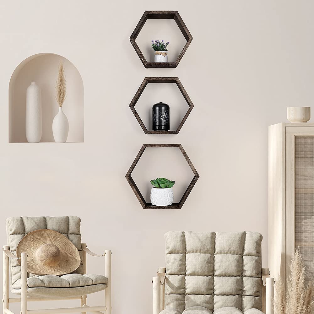 Hexagonal Floating Shelves Wall Mounted, Set of 5 Wood Farmhouse Storage Honeycomb Wall Shelf for Bathroom