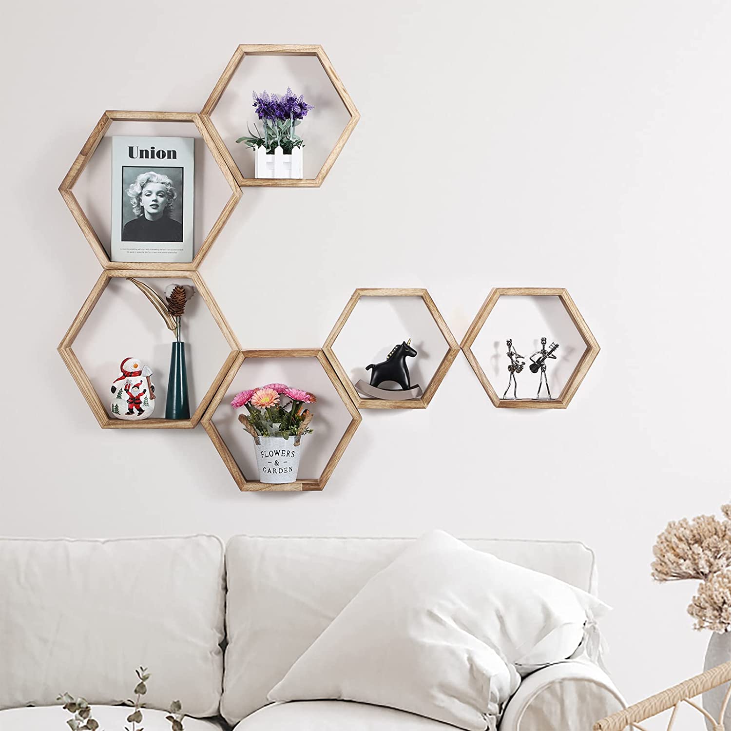 Hexagonal Floating Shelves Wall Mounted, Set of 5 Wood Farmhouse Storage Honeycomb Wall Shelf for Bathroom