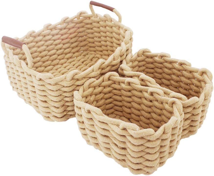 JJSQYLAN Cotton Rope Blanket Storage Basket for shelf,small decorative woven basket Organization and storage for Candy Food Nursery Baby Clothes Towels Diaper Caddy Books (Set of 3, Beige)