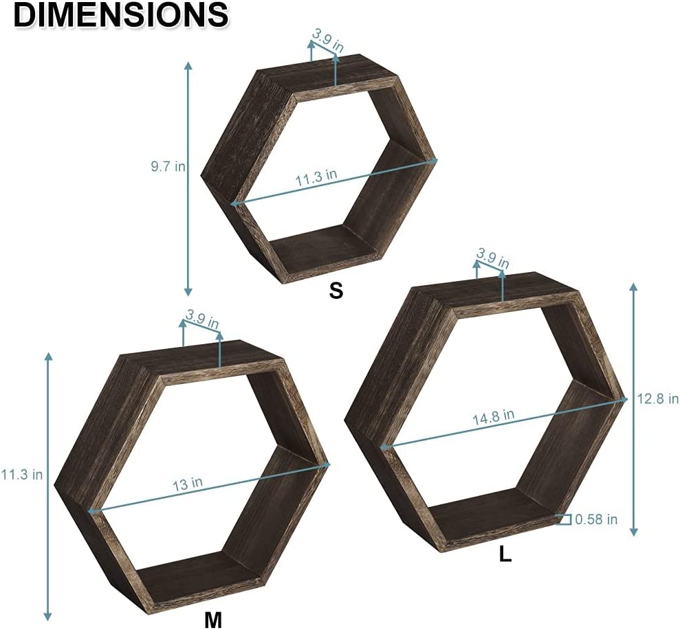 Hexagonal Floating Shelves Wall Mounted, Set of 5 Wood Farmhouse Storage Honeycomb Wall Shelf for Bathroom