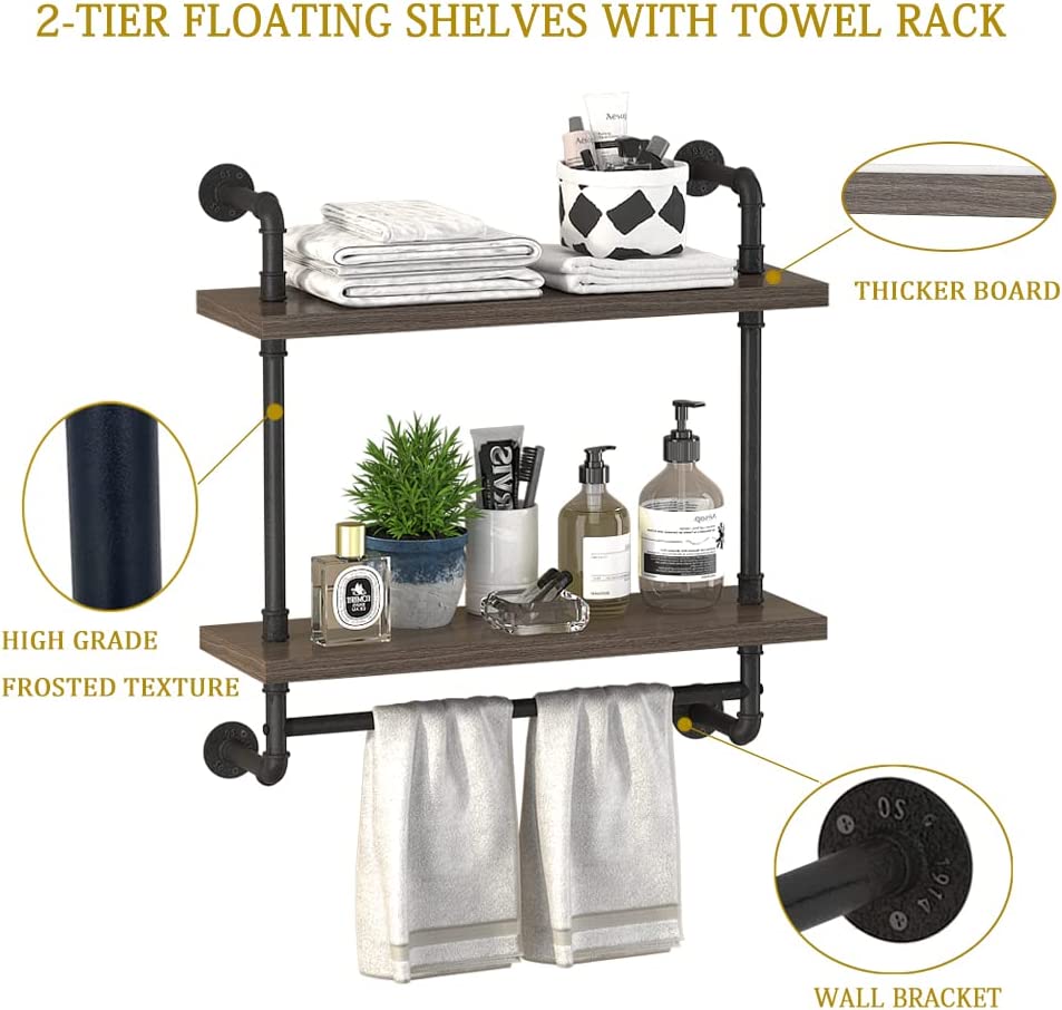 Helsin 24inch Industrial Pipe Shelving Bathroom Shelves Wall Mounted with Towel bar, 2 Tier Rustic Wood Floating Shelf