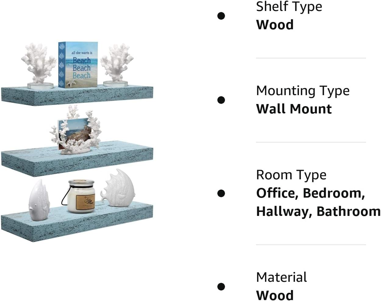 Home Zone Floating Shelf Set - Rustic Wood Coastal Beach Style Hanging Rectangle Wall Shelves for Home Décor, Trophy Display