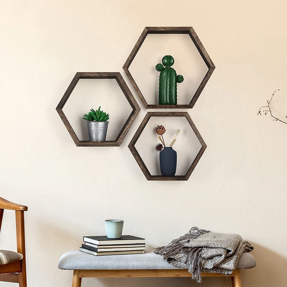 Hexagonal Floating Shelves Wall Mounted, Set of 5 Wood Farmhouse Storage Honeycomb Wall Shelf for Bathroom