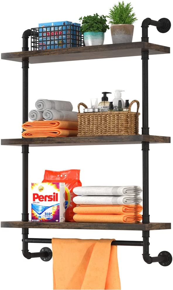 Helsin 24inch Industrial Pipe Shelving Bathroom Shelves Wall Mounted with Towel bar, 2 Tier Rustic Wood Floating Shelf