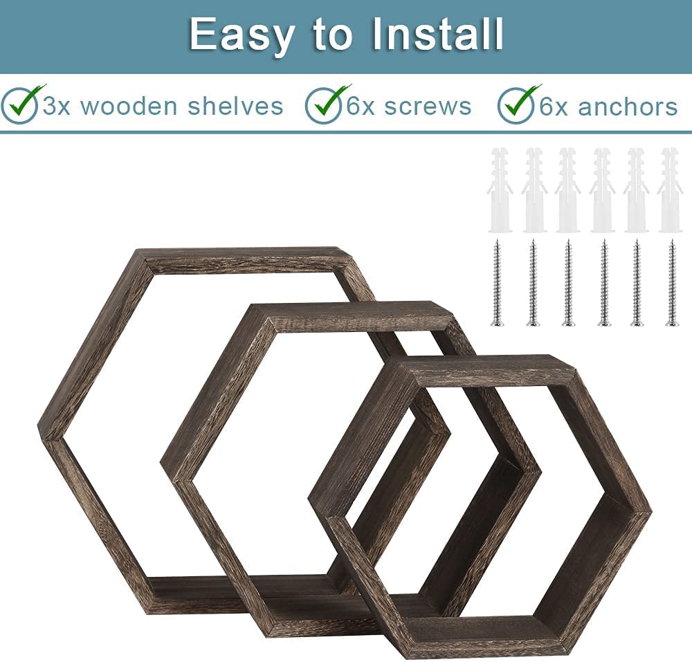 Hexagonal Floating Shelves Wall Mounted, Set of 5 Wood Farmhouse Storage Honeycomb Wall Shelf for Bathroom